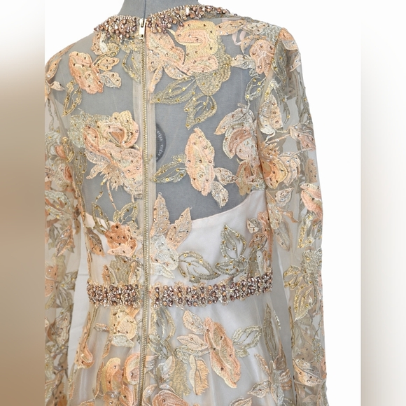 Mac Duggal Floral Embroidered Long Sleeve Dress, A-Line Gown in Cream Peachy NWT - Picture 11 of 15